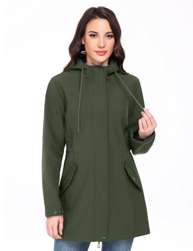 Yuson Girl Chaqueta Softshell Mujer Impermeable Chaqueta de Entretiempo Cortavientos con Capucha Ligera Transpirable Abrigo Forro Polar Funcional Parka de Senderismo(Verde militar, XXL) - imagen 6