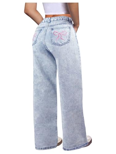 WDIRARA Girl's Bowknot Embroidery Wide Leg Jeans Y2k Baggy Denim Pants