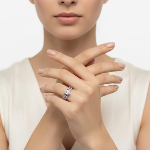 Image of Choose Your Gemstone Three Quarter Diamond CZ Gallery Bridal Ring Set 925 Sterling Silver Marquise Shape Wedding Ring Sets for WomenUS Size 4 to 12