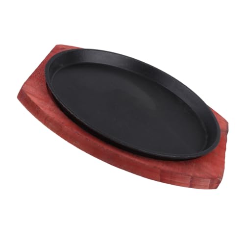 SOIMISS Sartén Redonda de Hierro Grueso con Base de Madera Sartén Fajita Antiadherente para Grill y Cocina de Inducción para Asar Carnes y Fajitas Chisporroteantes