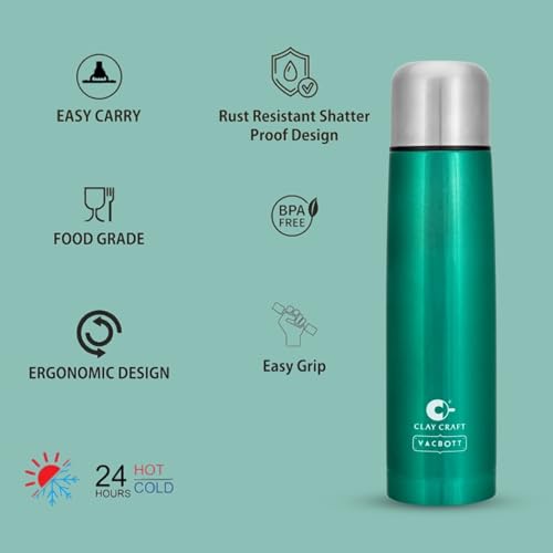 Image of Clay Craft VACBOTT Terra Double Walled 18 Hours Hot and 24 Hours Cold Water Bottle-500ML, 2-Piece(Green) Leak Proof|Easy to Carry|Gym Bottle|Home|Kitchen|Hiking|Travel Bottle|BIS Certified