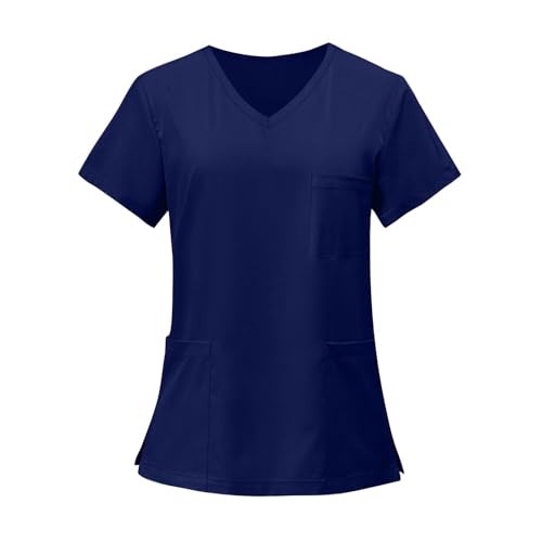 Image of FONMA Scrub Tops Women Plus Size Stretchy V-Neck Scrub Shirts with 4 Pockets Breathable Short Sleeve Nurse Uniforms