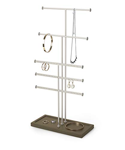 Umbra Trigem Tiered Tabletop Jewelry Organizer Freestanding Hanging Necklace, Earring And Bracelet Display, 5, Barnwood/Nickel #TOP1