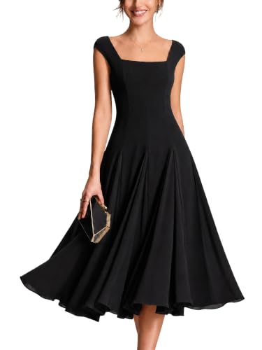 Ever-Pretty Women's Summer Midi Cocktail Dresses Crepe Square Neck Cap Sleeve Semi Formal Wedding Guest Dress Black US18