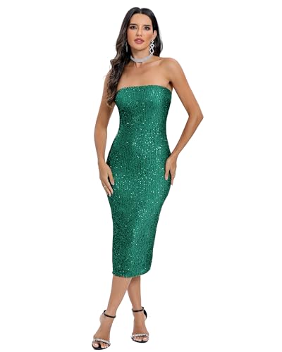 Capuffy Women Strapless Sequin Fantasy Midi Dress Sleeveless Tube Bodycon Club Dress Sparkly Glitter Cocktail Party Dress 772