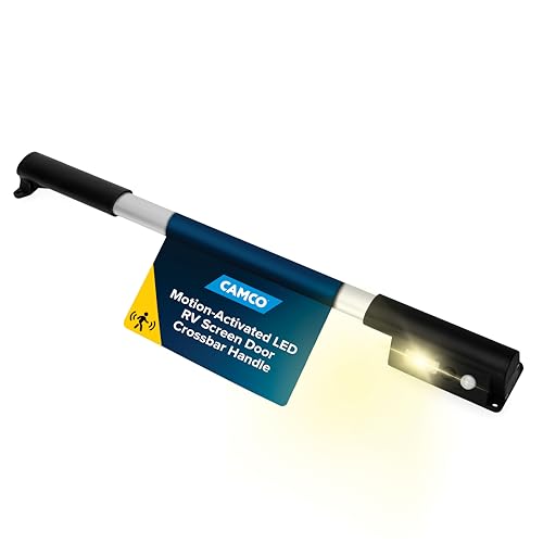Camco Motion-Activated LED RV Screen Door Crossbar Handle - Features Motion Activated LED Lighting & Robust Aluminum Design - Adjustable Fit Compatible w/Most RVs- (2) AAA Battery (not incl.) (42330)