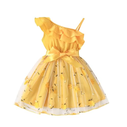 Abito monospalla per bambine con volant in tulle plissettato carino con fiori tutù abiti per bambini comodi eleganti e carini gonne di compleanno estivi casual vestiti leggeri, Giallo, 7-8 Anni