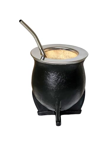 Taza Mate Argentino Hecho de Calabaza Natural   Mate de Calabaza con Exterior de Cuero Negro y Borde Liso de Acero Inoxidable   Incluye Bombilla