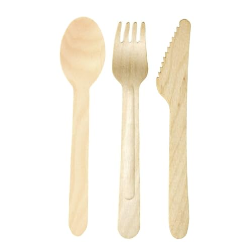 TronicXL 2000 STÜCK Einweg Messer + Gabeln + Löffel Holz Einwegbesteck Besteck Holzmesser Einweggabeln Camping Grillen BBQ Einwegmesser Campinggeschirr