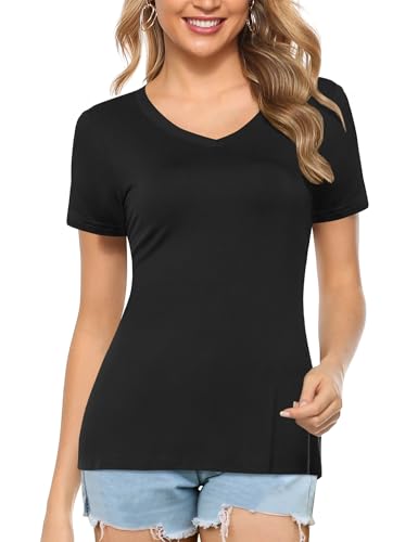 Amoretu Womens Tshirts V Neck Short Sleeve Tops Tee Solid Color Blouse2