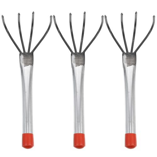 Abaodam 3pcs Four Teeth Gardening Rake Set with Red Handle, Galvanized Steel Hand Rakes for Garden Loosening, Peanut Farming, and Beach Shell Digging Tools