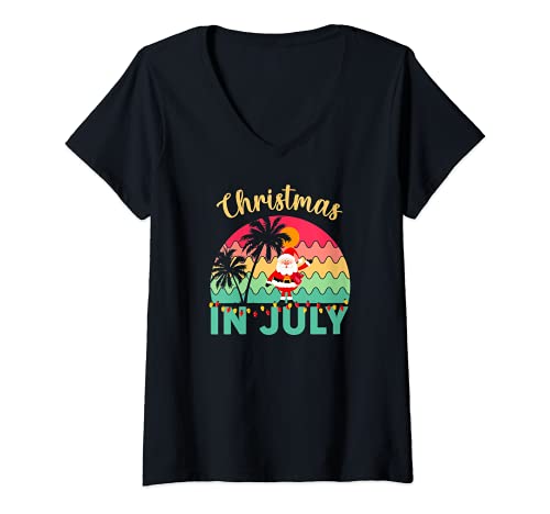Mujer Funny Summer Vacation Santa Beach Xmas Christmas in July Camiseta Cuello V