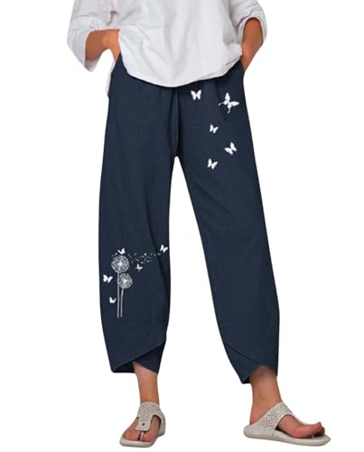 Womens Summer Casual Cotton Linen Floral Print Pants Fashion Plus Size Solid Color Baggy Lounge Pants with Pockets