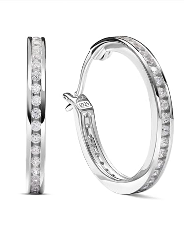 Moissanite Sparkle Hoop Earrings for Women, 100% Solid 925 Sterling Silver, Hypoallergenic Comfy Earrings, 15mm/20mm/30mm, Birthday Anniversary Valentines Mothers Day Ideal Gift for Her