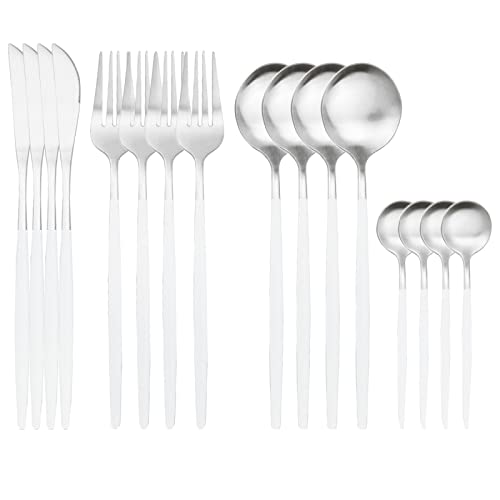 Juego De Cubiertos De 16 Piezas, Cuchillo, Tenedor, Cucharas De Café, Juego De Vajilla, Vajilla De Acero Inoxidable,Plata Blanca