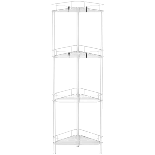 Image of HuggieGems 4 Tier Floor Standing Corner Shower Caddy Organizer Shelf with Hooks, Bathroom Shelves Stand Rack, White