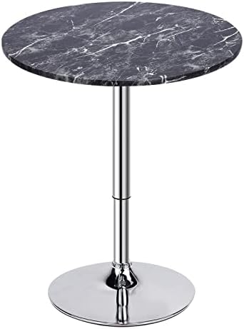 Mepplzian Round Pub Table Height Adjustable 360° Swivel Bar Table with Marble MDF Tabletop for Dining Room Bistro Cafe Home Bar (Black)