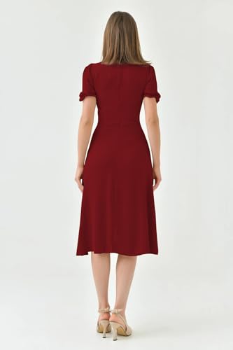 Image of Shasmi Girl's & Women's Solid Midi Dress - Elegant Square Neck Button-Down Dress with Puff Short Sleeves | Stylish Casual & Party & Office Wear Outfit (Dress 105)