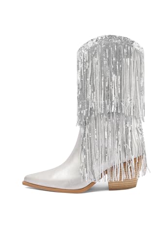 Mi.iM Women's Rhinestone Cowboy Boots Knee High Wide Calf Cowgirl Boots Western Pointed Toe Chunky Heel Sparkly Cowgirl Booties Pull On Cowboy Boots for Women2