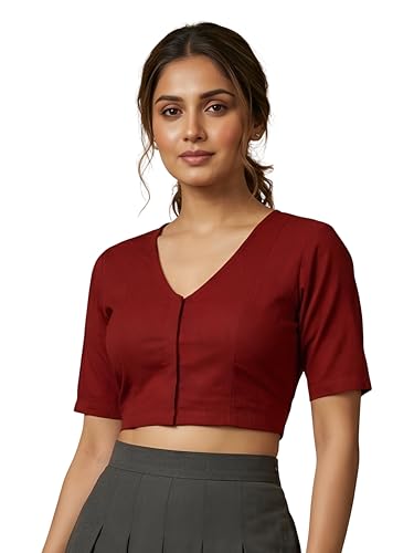 Image of Yash Gallery Women's Stretchable Rayon Lycra V-Neck Short Sleeve Front Open with Hook Stylish Crop Blouse Top for Ethnic Beige Designer Festive Choli Blouse