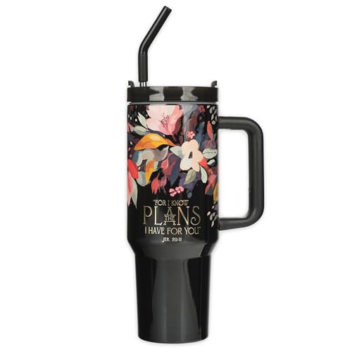 Image of Christian Art Gifts Extra Large Stainless Steel Double Wall Vacuum Insulated Travel Tumbler for Women: Hope & Future Inspirational Scripture, Lid, Straw, Sturdy Handle, Black Multicolor Floral, 40 oz.