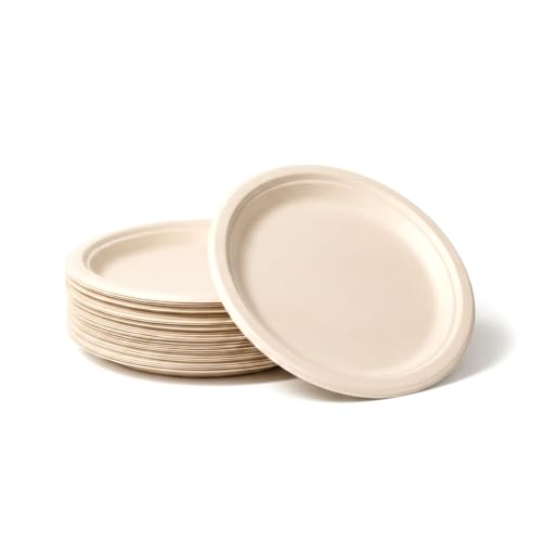 Image of Bonkaso 9 Inch, Pack of 25 Bagasse Disposable Round Plates (Beige)| Eco-Friendly Sugarcane Paper Plates | Biodegradable, Compostable & Sturdy | Ideal for Snacks, Desserts, Parties, Weddings & Events