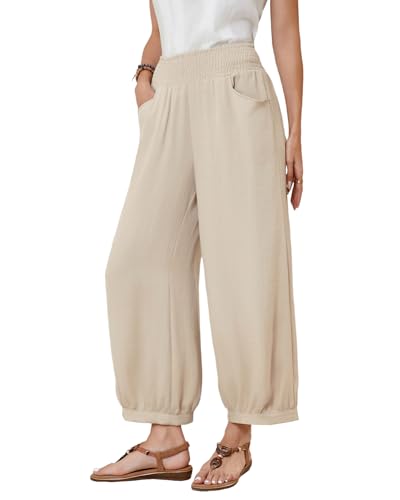 Womens Linen Wide Leg Pants Summer Beach Palazzo Harem Pants Casual Ankle Length Trouser Slacks