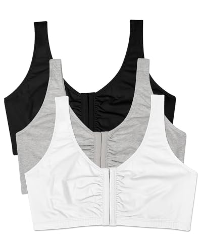 Fruit of the Loom womens Front Closure Cotton Sports Bra, Black/White/Heather Grey 3-pack, 38 US
