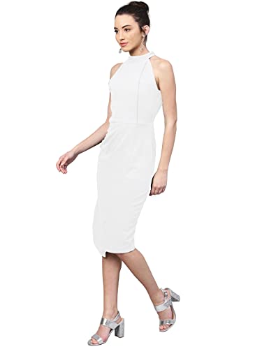 Image of Shasmi Women's Comfortable Red Halter Neck Sleeveless Solid Midi Bodycon Casual Western Stylish Dress