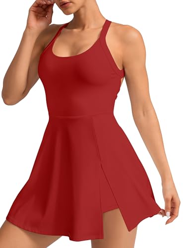 MIRITY Womens Activewear Tennis Dress - Built in Shorts with Pockets and Bra Golf Athletic Workout Dresses, Red, Medium