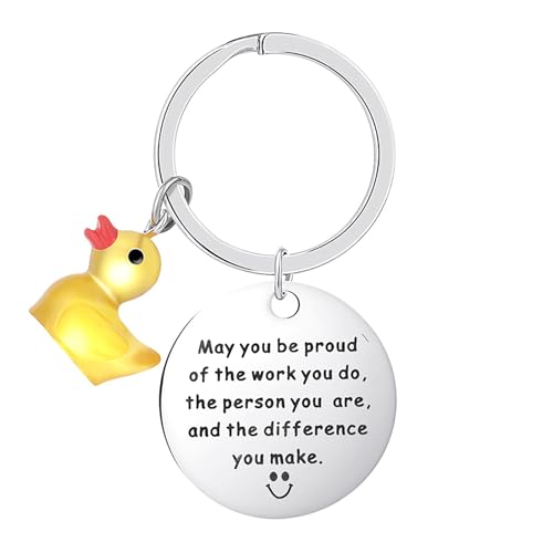 Personalised Inspirational Keychain Stainless Steel Keyring with Small Yellow Duck Pendant Encouraging Short Phrase Teacher Gift for Women Motivational Keyring