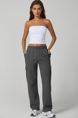 Image of QINSEN Baggy Medium Waist Elastic Sweatpants for Womens Casual Long Fleece Cargo Pants with Pockets