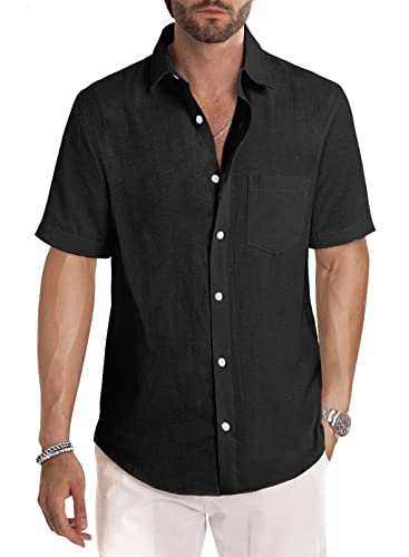 JMIERR Mens Summer Casual Stylish Short Sleeve Button-Up Shirts Cotton Linen Solid Color Business Dress Shirts Beach T Shirt, 2XL, Black