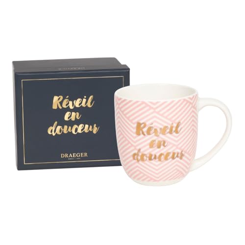 DRAEGER PARIS 1886 - Mug Rose en Céramique Réveil en Douceur 320ml - Tasse à Café Chic avec Motif Géométrique et Message Doré - Idée Cadeau Originale...