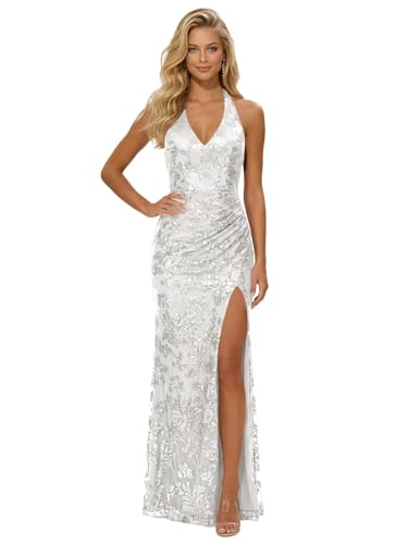 Wenlion White Sequin Prom Dress 2026 Long Halter Sparkly Lace Bodycon Formal Evening Gowns Sexy Slit...