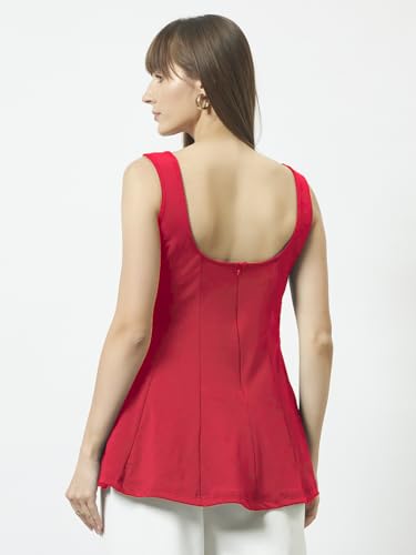 Image of Trend Arrest.ed Women's Polyester Sculpt Flare Top | Stretchable Sleeveless Fit & Flare Blouse with Scoop Back