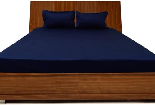 Image of Bed Sheet Single Size Cotton - Pure Egyptian Cotton Single Size BedSheet with Pillow Cover - Solid Navy 600 Thread Count - Stain Resistant, Skin Friendly, Organic Cotton BedSheet