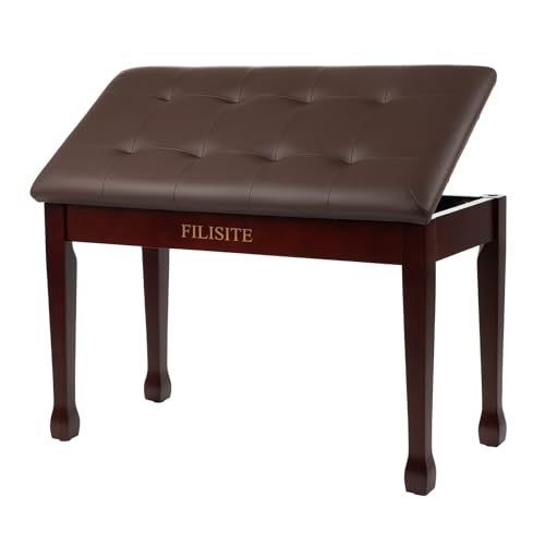 FILISITE Duet Piano Bench with Storage, Wooden Piano Stool with Waterproof Padded Cushion, Bench Seat for Vanity, Living Room, Bedroom (Brown)