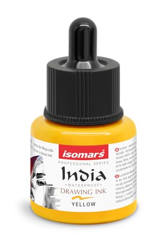 Image of Isomars Waterproof Drawing Ink with Dropper - 35ml | India Ink for Calligraphy, Art, Technical Drawing | Fade-Resistant & Quick-Drying (Yellow)
