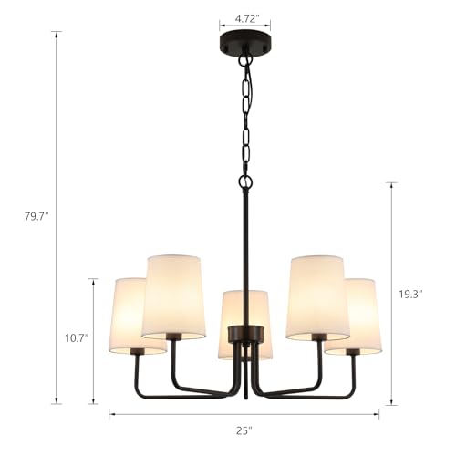 AMZASA Farmhouse Chandelier, Matte Black with White Fabric Shade, Farmhouse Linear Island Lighting Fixture for Kitchen, Dining Room (5-Light Matte Black with Fabric Shades)