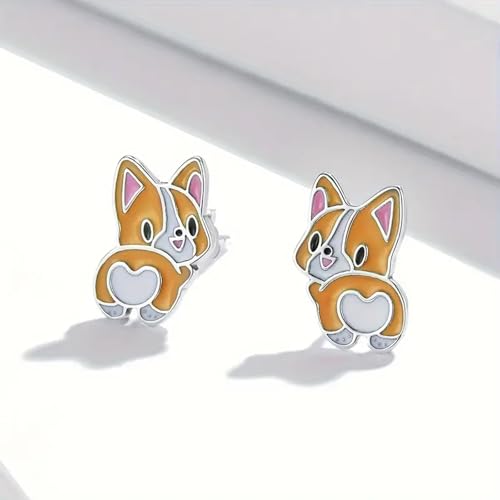Adorable Corgi Dog Stud Earrings, Silver-Tone with Orange and Pink Enamel3
