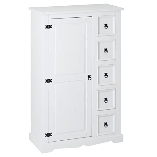 IDIMEX Buffet Salle à Manger apothicaire Tequila L 95 cm en Bois Massif Blanc avec 1 Porte battante et 5 tiroirs spacieux, Style Mexicain, Meuble de...