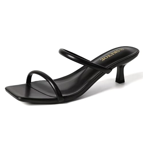SKETOE Square Toe Kitten Heels for Women Comfortable Two-Strap Open Toe Sandals with Padded Footbed