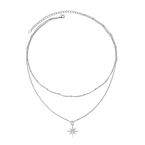 Layered Choker Necklace Clavicle Necklace S925 Sterling Silver Star Pendant Jewelry Adjustable Lariat Necklaces for Women Girls Birthday Gifts (Star)