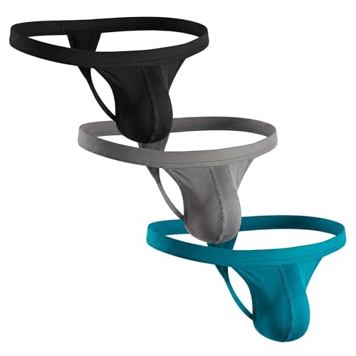RM Real Men Strapped Thong Modal No Fly Mid-Rise 3 Pack 0 Inch Black/Grey/Cyan A Pouch Medium