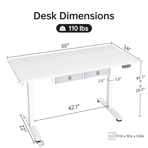Image of Agilestic Standing Desk with 2 Drawers, Adjustable Height Electric Desk with Storage, 55 x 24 Inches Sit Stand Up Computer Table for Work Office Home, White