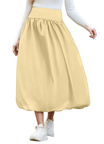 Women's Bubble Long Skirt Elastic Waist A-Line Pleated Ruffle Flowy Balloon Maxi Skirts with Pockets
