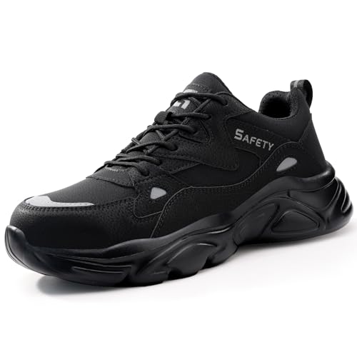 Image of GLANOUDUN Steel Toe Work Shoes for Men, Lightweight Black Work Shoes with Puncture Resistant Midsole, Comfortable Safety Footwear for Warehouse Construction