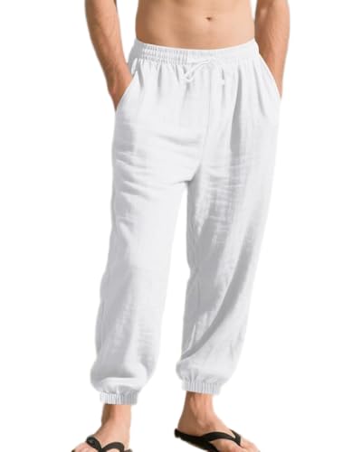 Men's Linen Pants Casual Loose Fit Elastic Waist Harem Pant Lightweight Summer Beach Travel Trousers