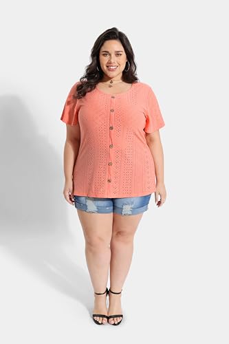 RITERA Plus Size Tops for Women Crewneck Neck with Button Up Short Sleeve Embroidery Henley Tshirt Casual Basic Shirt XL-5XL4